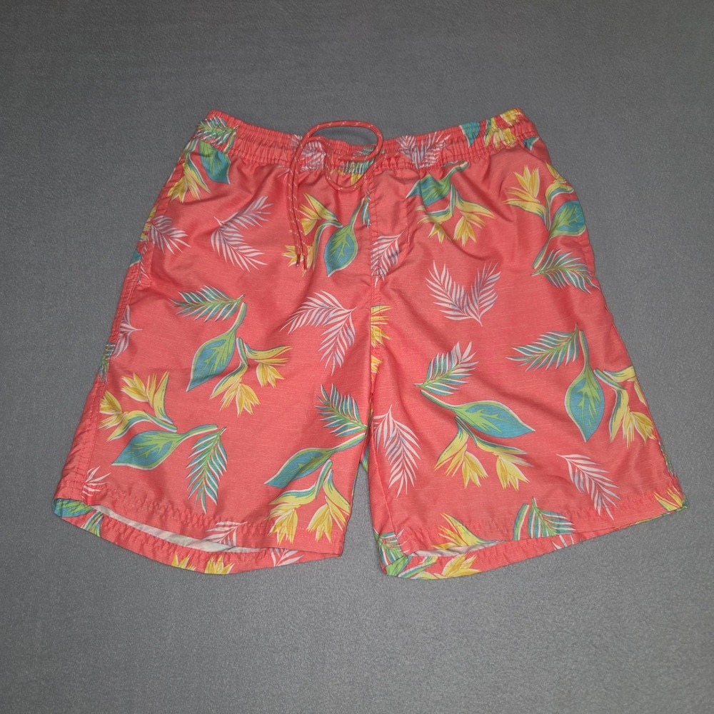 No Boundaries Swim Trunks Mens S Orange Tropical Floral Palm Leaf Shorts